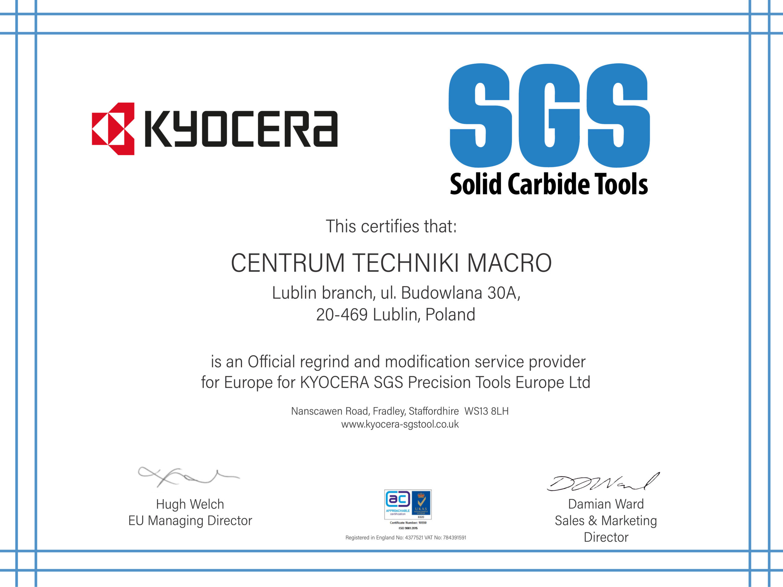 Certyfikat KYOCERA SGS Precision Tools Europe Ltd. dla Centrum Techniki MACRO